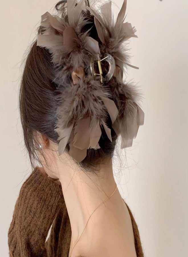 Rannyrena Large Bow Chiffon Silk Hair Clips for Women Pearl Mesh Bubble Hair Barrettes for Thick Thin Hair Elegant Feather Claw Clips Hair Accessories (Feather Brown) - Image 1